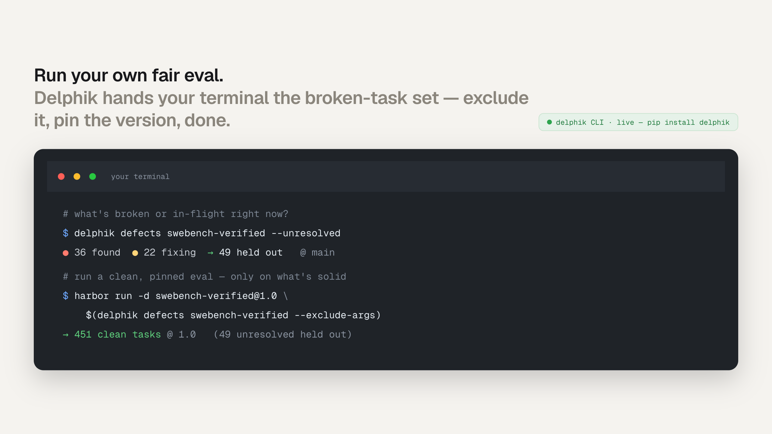 The delphik CLI listing broken and in-flight tasks, then feeding them into a version-pinned Harbor run